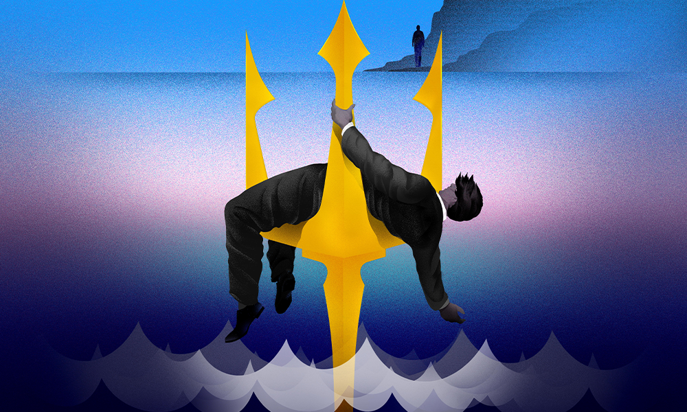 Graphic depicting a man draped over a tridant coming out of the water