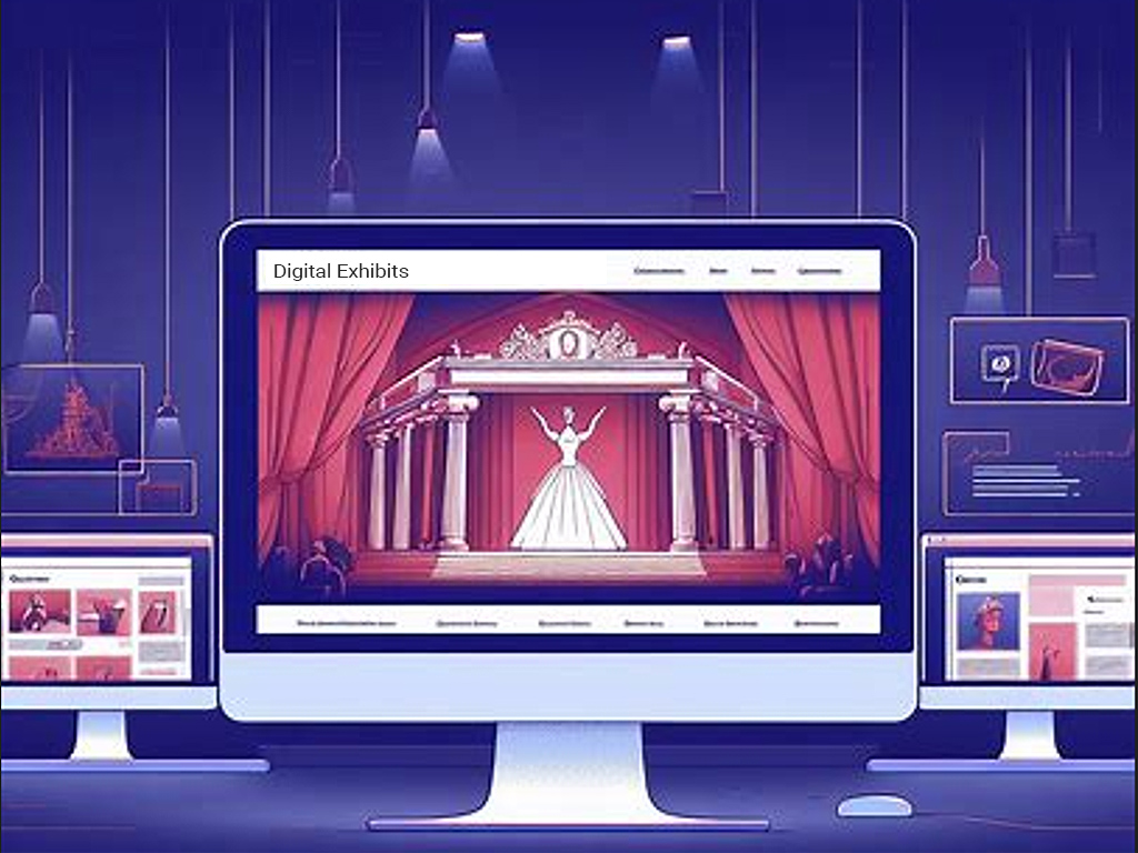 Illustration of a computer monitor showing the Digital Exhibits web page. In the background are seveal other monitors and lights hanging from the top.